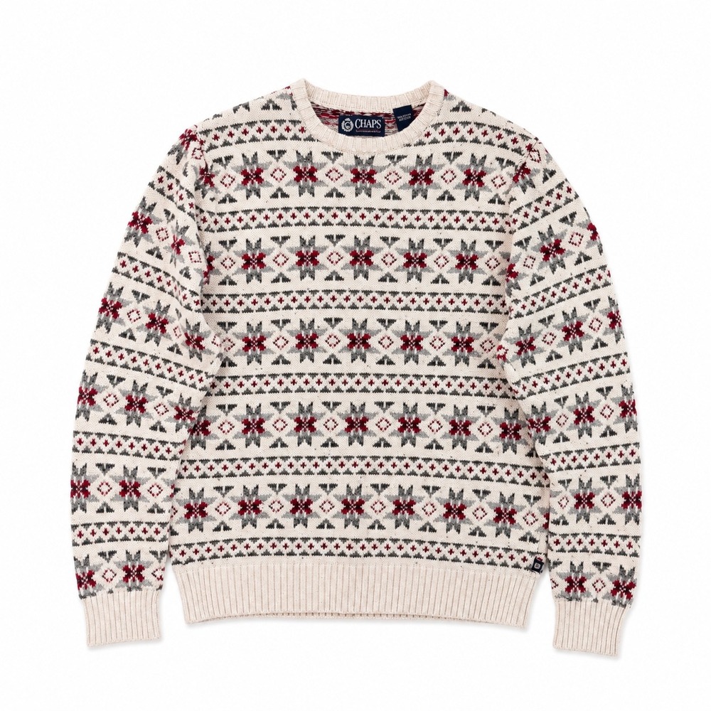 Chaps Fair Isle Crewneck Sweater Mens Size M Cream Red Nordic Snowflake Cotton